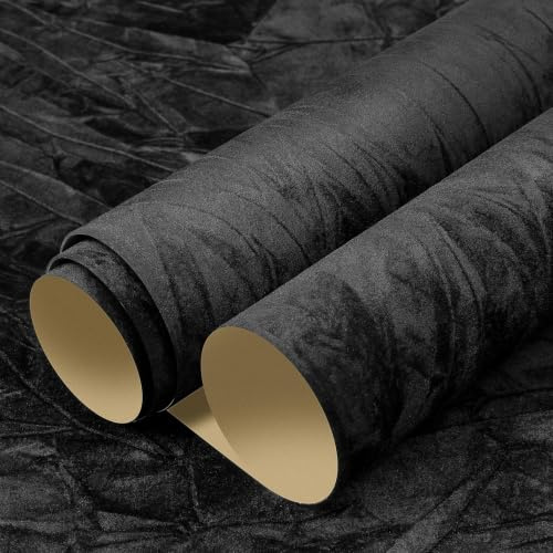 LACHEERY Selbstklebende Tapete Samtstoff Schwarz Klebefolie Wand Wohnzimmer 40cm x 700cm Schwarze Samt Tapete Vintage Struktur Tapeten Möbelfolie Deko Wandfolie für Küche Schrank Schublade