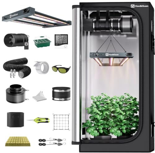 Hon&Guan Growzelt Komplettset 80x80x180cm mit 160W Dualmodus LED Grow Lampe (UV+FR), 150mm Leiser Rohrventilator Aktivkohlefilter Belüftungssystem Grow Tent Complete Set für Indoor Pflanzen