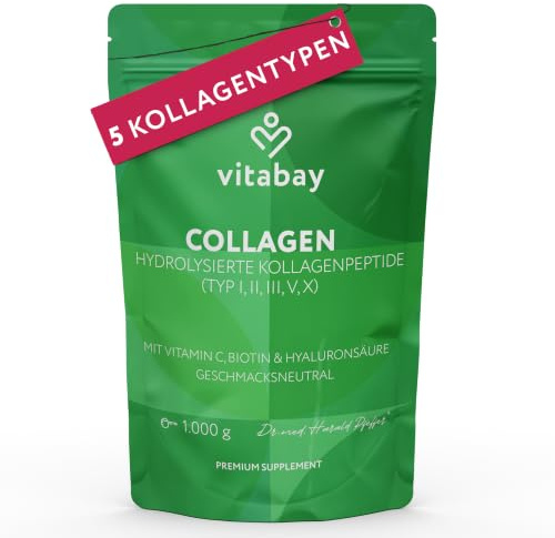 Vitabay Kollagen Pulver Komplex 1 kg Hochdosiert – Biotin & Hyaluronsäure | Bioaktive Collagen Hydrolysat Peptide Typ 1, 2, 3, 5, 10 – mit Vitamin C – Reine Qualität – Laborgeprüft & Geschmacksneutral