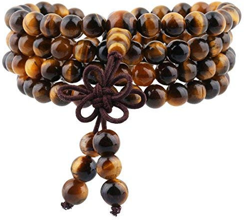 mookaitedecor Tibétain Mala Bracelet 108 Perles Pierres Élastique Collier Bouddhistes Chakra,Oeil de Tigre