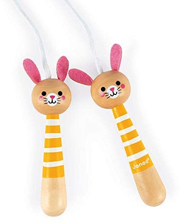 Janod - Wooden Rabbit Skipping Rope - Adjustable Size - From 3 Years Old, J03197, Yellow Pink