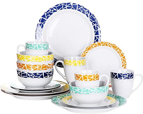 VEWEET Geschirrset 4 Personen, 16-tlg. Porzellan Tafelservice, Modernes Kombiservice mit Speisetellern, Desserttellern, Müslischalen & Kaffeebechern, Spülmaschinen- & Mikrowellengeeignet, Serie CECIL