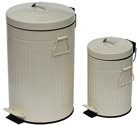 Simpa 2PC Traditional Pedal Dustbin Set: 12L 12 Litre & 3L 3 Litre Duo Set - Cream - Vintage Style Indoor Household Pedal Dustbin Set with Removable Inner Bucket.