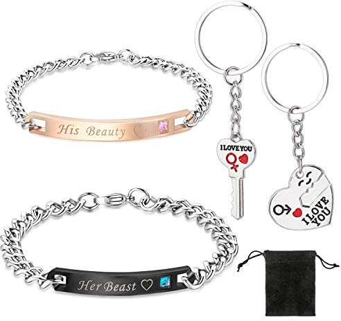 HOWAF Schlüsselanhänger Armbänder für Valentinstag Paare Geschenke, I Love You Schlüsselanhänger, Her Beast His Beauty Armbänder Ideen Geschenke für Sie Ihn Freundin Freund Valentinstag Paare