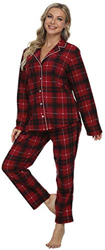 Mnemo Pyjama Femme Longue Flanelle Pyjama Femme Pyjama à Carreaux Femme 100% Coton, Plaid Rouge et Noir, XL