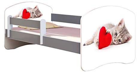 ACMA Kinderbett Jugendbett mit Matratze Grau mit Rausfallschutz Lattenrost II Spielbett Kinderzimmer Möbel (40 Katze mit Herz, 160x80)