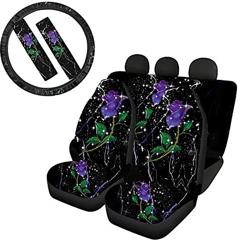 Biyejit Autositzbezüge mit violettem Rosenmuster, mit 2 Gurtpolstern + 1 Lenkradbezug, 7-teiliges Set, für Damen und Mädchen, universelle Passform für Auto, LKW, SUV, Van,