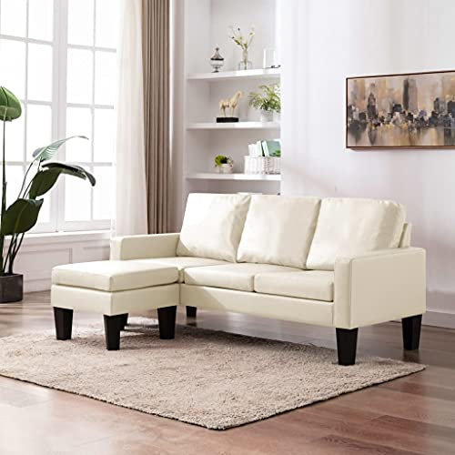MUSEVANE 3-Sitzer-Sofa mit Hocker Creme Kunstleder