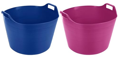 (Set of 2) 75L Litre Blue And Pink Robust Versatile Multipurpose Extra Large Flexi Tub Garden Home Flexible Plastic Storage Container Bucket Tub Trugs Horse Feeder Flex Tub- MADE IN UK
