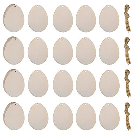 50 STÜCKE Eierrohling Holz Hängende Ornamente Osterei Holz Unvollendete Holzscheibe DIY Farbe Handwerk Hängende Verzierung mit Loch Hanfseile