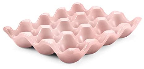 Flexzion Ceramic 12 Cups Egg Tray - Whole Dozen Porcelain Egg Holder Container Keeper Storage Organizer Decorative Serving Stand Serveware for Refrigerator Fridge Countertop Display Kitchen (Pink)
