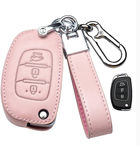 HIBEYO KlappAutoschlüssel Hülle passt für Hyundai Schutzhülle Schlüsselhülle Rindsleder Cover für Hyundai i20 i30 iX20 iX35 Elantra i40 Tucson Santafe mit Schlüsselbund 3-Tasten zubehör-Rosa C
