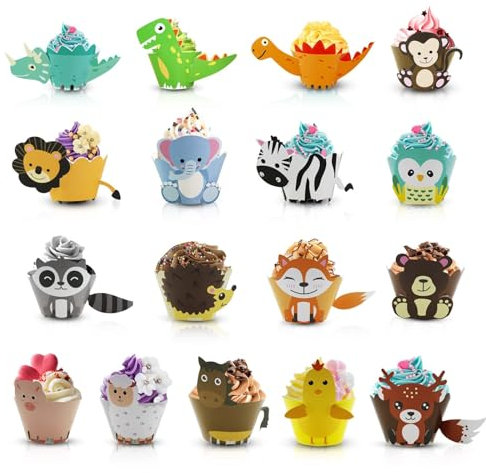 48 Stück Tier Cupcake Wrapper, Tier Kuchen Dekoration, Tier Muffinförmchen Tier Kuchen Muffins Dekoration Verpackung für Kinder Dschungel Geburtstag Party Geburtstag Deko(17 Modelle)