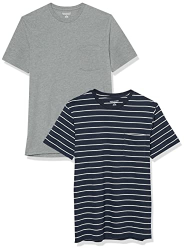Amazon Essentials Men's T-Shirt Slim-Fit Short-Sleeved Crewneck Pocket, Pack of 2, Grey Heather/Navy Stripes, XXL