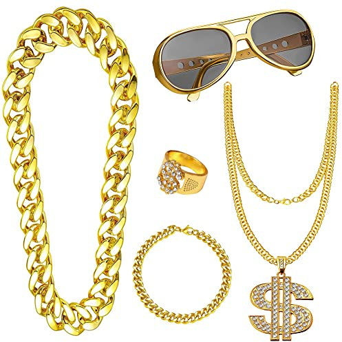 Lot de 5 costumes hip-hop, accessoires de déguisement hip-hop des années 80/90 pour enfants et adultes, bracelet en fausse chaîne dorée, collier avec faux signe dollar, bague hippie, lunettes hippie