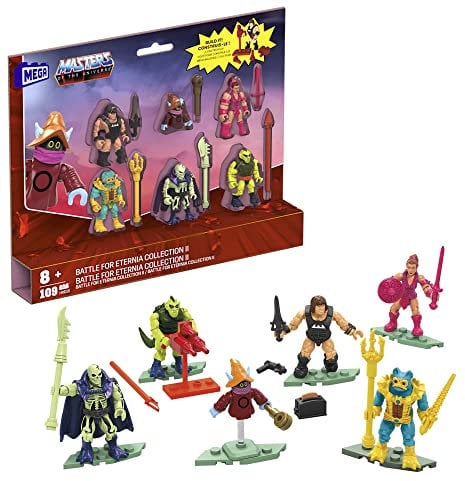 Mega Masters of The Universe - Kampf um Eternia Collection II, 6 detailgetreue Mikro-Aktionfiguren mit Laser und Zubehör, kompatibel mit Allen Bausteinsätzen, Motu, Spielzeug ab 8 Jahre, HHD15