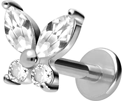 PIERCINGLINE Titan Labret mit Gewinde Aufsatz KRISTALLSCHMETTERLING Piercing Lippe Nase Ohr Helix Tragus Medusa Silberfarben 1,2 x 8 mm