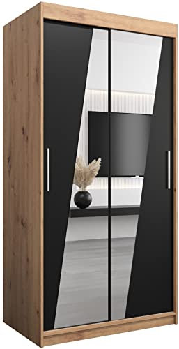 MEBLE KRYSPOL Rhomb100 Schlafzimmerschrank mit Zwei Schiebetüren, Spiegel, Kleiderstange und Regalen – 100x200x62cm - Artisan + Mattschwarz