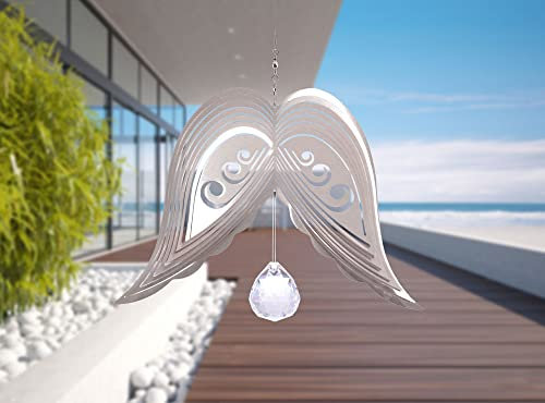 Illumino Edelstahl Windspiel Engelsflügel Angelo-Aria mit 30mm Kristallkugel für draußen hängend, Gartendeko für draußen, Fensterdeko hängend