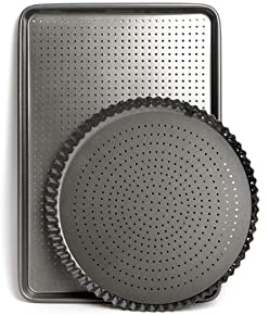 MasterClass Crusty Bake Non-Stick Set of Two Trays, Includes 30cm Round Fluted Flan/Quiche Tin and Baking/Cookie Tray