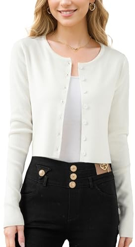 Simple&Opulence Cropped Cardigan for Women,Open Front Knit Ladies Sweater,Button Down Long Sleeve Dress Cover-Up,S-L White