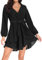 PCEAIIH Women's Cocktail Dresses Long Sleeve Empire Skater Dress Deep V-Neck Waist Tie Ruffle Mini Swing Dresses S Black