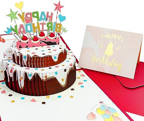 TAFACE 1 biglietto di auguri pop-up con 1 biglietto di auguri scritto a mano rosa, biglietto di auguri con torta alla fragola, tridimensionale 3D, adatto per famiglia, amici, colleghi