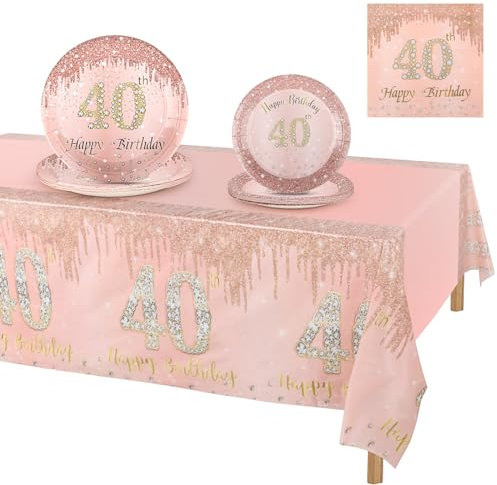 Fowecelt Rose Gold Plates Napkins - 53pcs 40th Birthday Party Decoration Paper Tableware Set Disposable Party Plates Napkins Tablecloth for Her Girl Women Dinnerware
