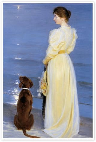 Posterlounge Sommerabend in Skagen, die Frau des Künstlers mit Hund Poster | 60 x 90 cm von Peder Severin Krøyer Blau Wandbilder Wanddeko
