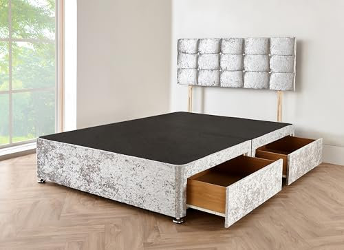 DECORE4U LTD - Premium Silver Crushed Velvet Divan Bed - Luxurious & Durable 4FT6 Double Bed Base with 20” High Headboard | Elegant Double Bed Frame with 2 Spacious Storage Drawers
