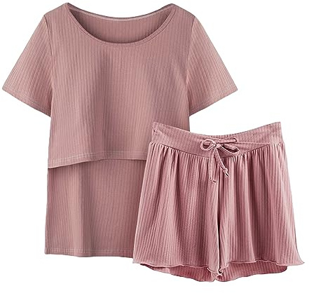HUOQI Pyjamas Manches Vêtements de Nuit Allaitement Femmes Chemise et Ensemble T Bébé Maternité Tops Short Maternité Sommeil Vêtements de Nuit pour Femmes Enceintes, Rouge pastèque, M
