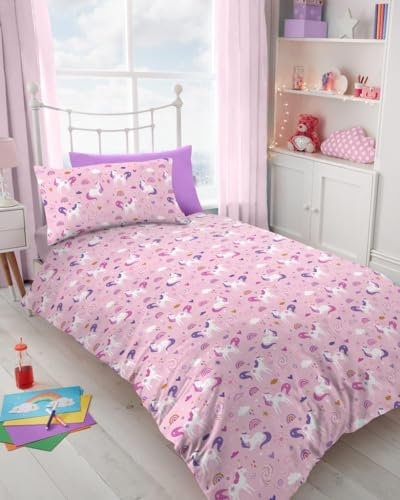 Lions Girls Bedding Set - 100% Microfibre Polyester, Kids Unicorn Duvet Cover Set Single Szie with Matching Pillowcase, Reversible Printed Quilt Covers, Easy Care, Pink, 137x200cm