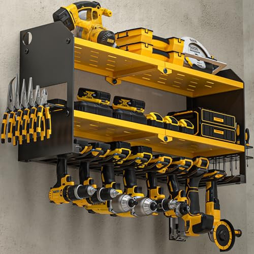 YYR Elektrowerkzeug-Organizer, Wandhalterung, Akku-Bohrmaschinen- und Batteriehalter, Aufhänger für Elektrowerkzeuge mit Ladestation, Garagenorganisation, schwebendes Regal – aus robustem Metall, Gelb