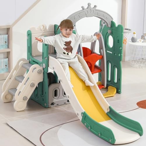 ADWOLT Slide & Climbing Toys for Kids 5 in 1 Kids Slide Slide Climbing Storage Swing Basketball Frame Made of HDPE (Ocean Balls are not included)-Green