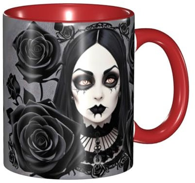 BROLEO Tasses classiques rouges en céramique pour cappuccino, latte, céréales, yaourt, lait, boissons chaudes ou froides, four à micro-ondes, motif gothique roses noires