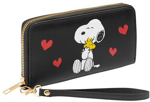 Peanuts Damen Geldbörse mit Snoopy-Design, Reißverschluss, Kartenfächern & Münzfach in Schwarz