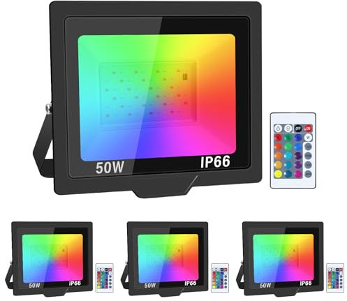 RIGIDON 4 pezzi 50W Faretto LED RGB con Telecomando, Proiettore 16 Colori 4 Modalità Funzione di Memoria Proiettore da Interno Esterno, Impermeabile IP66 Faretti LED per Halloween Natale Giardino