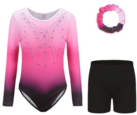Cucudy Gymnastics Leotards Set For Girls - Long Sleeve & Sleeveless Leotards with Shorts and Headband Gradient Color Sparkling Ballet Dancing Unitards Gymnastics Outfit for 5-12 Years