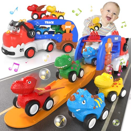 usrela 5 en 1 Dinosaures Jouet de Camion pour Enfant 3 4 5 Ans, Camion Jouet avec Sons et Lumières, 4 Petite Voiture de Cadeau Anniversaire pour 2 3 4 5 Ans Garcon Enfants