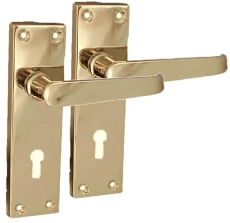 Brass Door Handles Interior Door Lock Handles - Victorian Straight Lock Handles, Brass Door Handles, Back Plate, 150 x 42mm, Door Handles Multipack, Door Handles Set 1