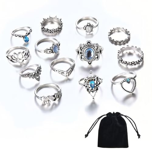 DHWEKU 13 Stück Kristall Boho Ring Silber Ringe Set Finger Ringe Mode Krone Knöchel Ring für Frauen und Mädchen