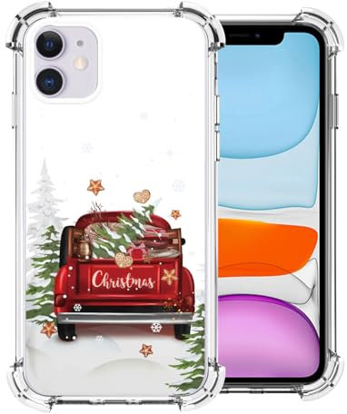 CAROKI Clear Christmas Phone Case for iPhone 11,Xmas Red Truck Pattern Case Cover Soft Protective Cute Cover Boys Girls Phone Case for iPhone 11-Red Truck