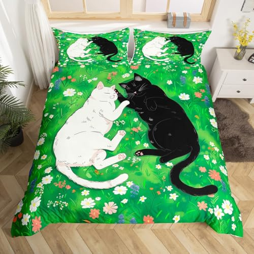 feelingyou Black White Cat Duvet Cover,Kids Green Grassland Bedding Set,Lovely Cats Comforter Cover for Boys Girls Room Decor,Flowers Bedspread Cover Single Size with 1 Pillow Case(No Comforter)