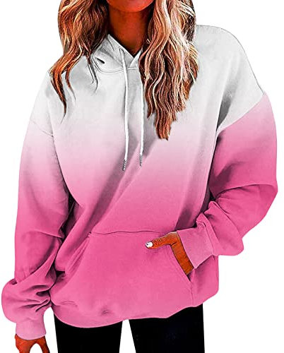 Generisch Oversize Kapuzenpullover Damen Farbblock Langarm Winterpullover Aufdruck Locker Lustig Pullover Lässig Kordelzug Sweatshirt mit Kapuze Vintage Hoodie Sport Pulli Langarmshirt mit Taschen
