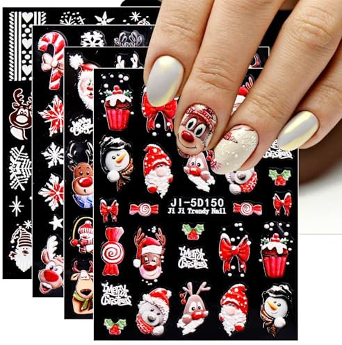 JMEOWIO 3D Embossed Christmas Nail Art Stickers Decals Self-Adhesive 5D Snowflake Winter Holiday Cute Nail Supplies Nail Art Design Decoration Accessories 4 Sheets