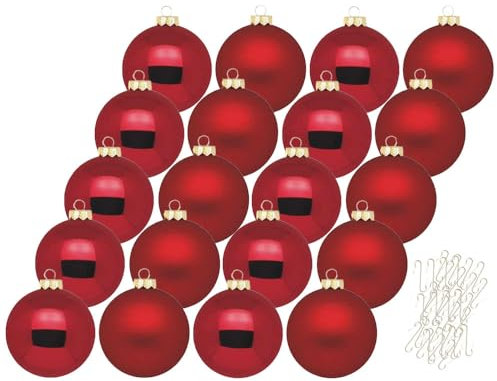 Inge Glas Weihnachtskugeln mit Haken | Schöne Christbaumkugeln aus Glas | Set 20 Kugeln und 40 Aufhänger | Christbaumschmuck Weihnachtsbaumkugeln (Ochsenblut | rot)