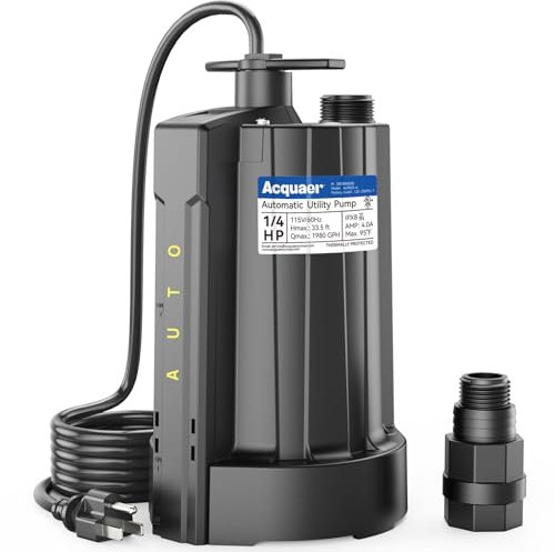 Acquaer Automatic Sump Pump 1/4 HP Submersible Water Pump 115V with 3/4 Garden Hose Check Valve Adapter, High Flow Water Drainage GPH by