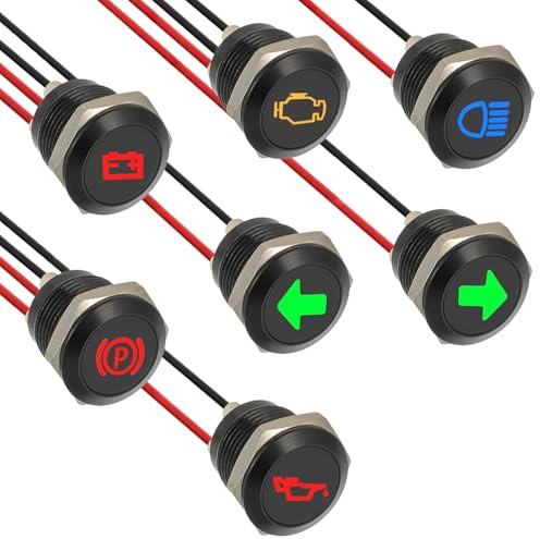 JAMHER 7 Pack 12mm Waterproof LED Indicator Light Small, 1/2 Panel Cutout 12V-24V Metal LED Indicator with 150MM Wire Suitable for Motorcycles Cars Trucks Tractors RV