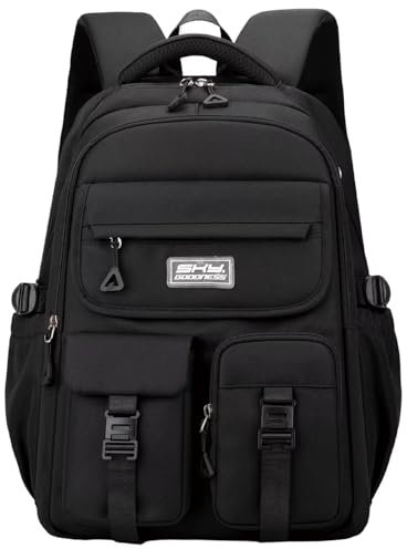 Clufar Schulrucksack Teenager Jungen Schwarz Rucksack Schule 16.3 Zoll Laptop Herren Damen Wasserdicht Daypack Schulranzen Jungen Leich Schultasche Backpack School Bag für Causal Travel Reisen,Black