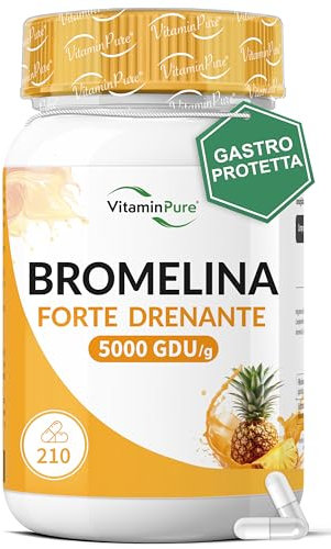 VitaminPure Bromelina Forte Drenante 5000 GDU/g Gastroprotetta, 210 capsule - Rimedio Naturale per Cellulite, Microcircolo, Antiedemigeno, Detox